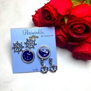 NEW PERIWINKLE BY BARLOW EARRINGS ANCHOR SHIP WHEEL SILVER BLUE COASTAL …‎
